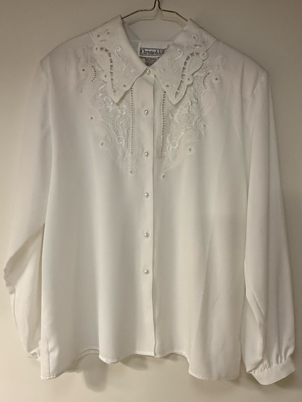 Vintage 80s 90s Cream Romantic Embroidered Collar Button-Up Blouse SZ 12 Lace